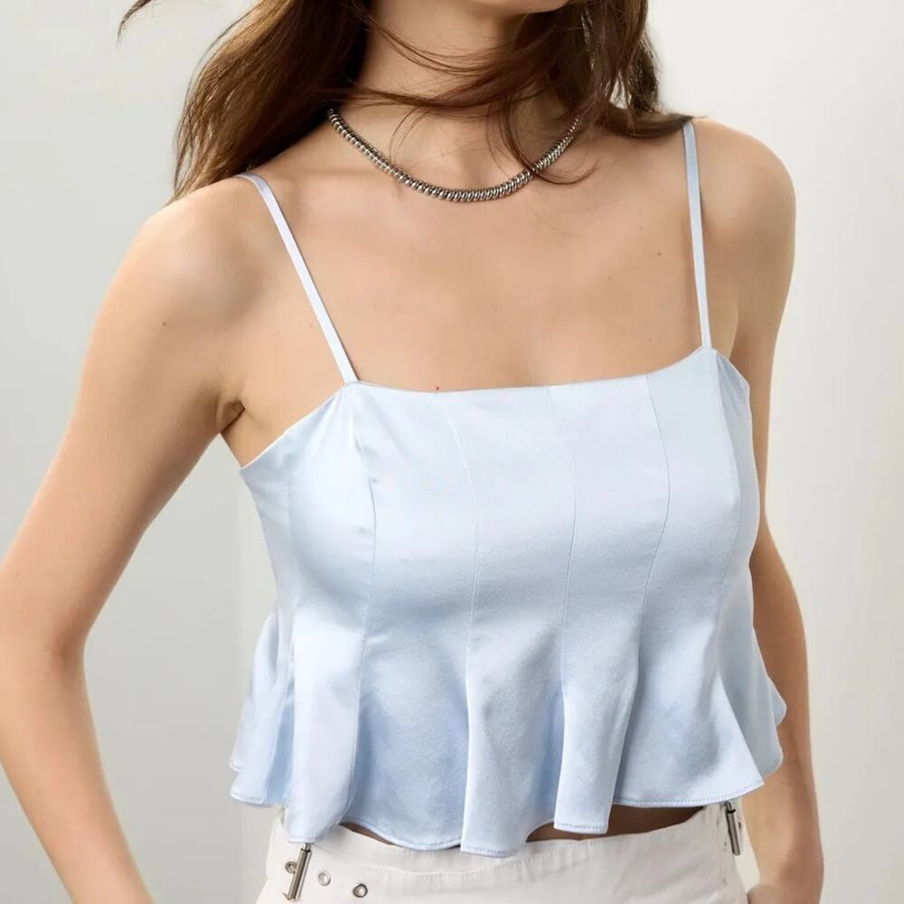 Club Monaco Silk Charmeuse Top Sleeveless Square Neck Pleated Cropped Blue 0
